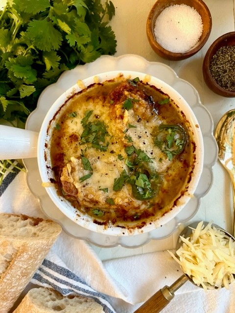 French Onion Soup with Poblano Peppers