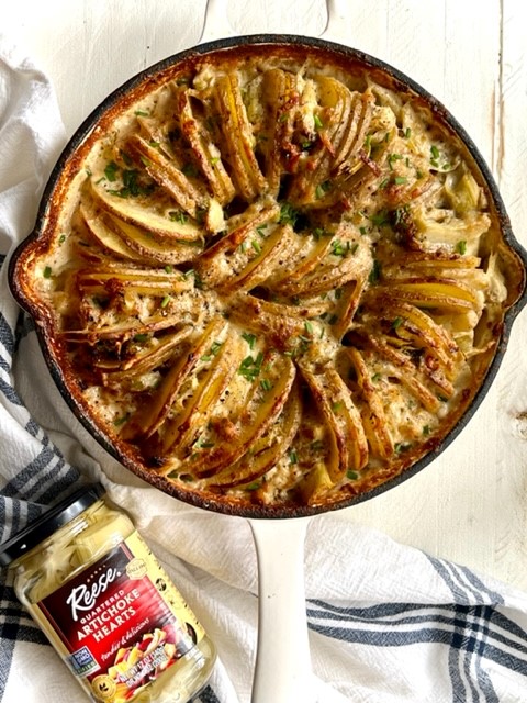 Crispy & Creamy Sideways Potatoes with Artichoke Hearts