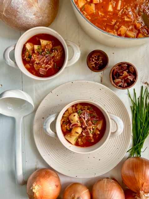 Potato Bacon & Cabbage Stew in a Spicy Tomato Sacue