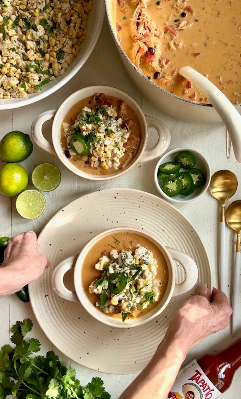 Fajita Soup with Mexican Street Corn Salad