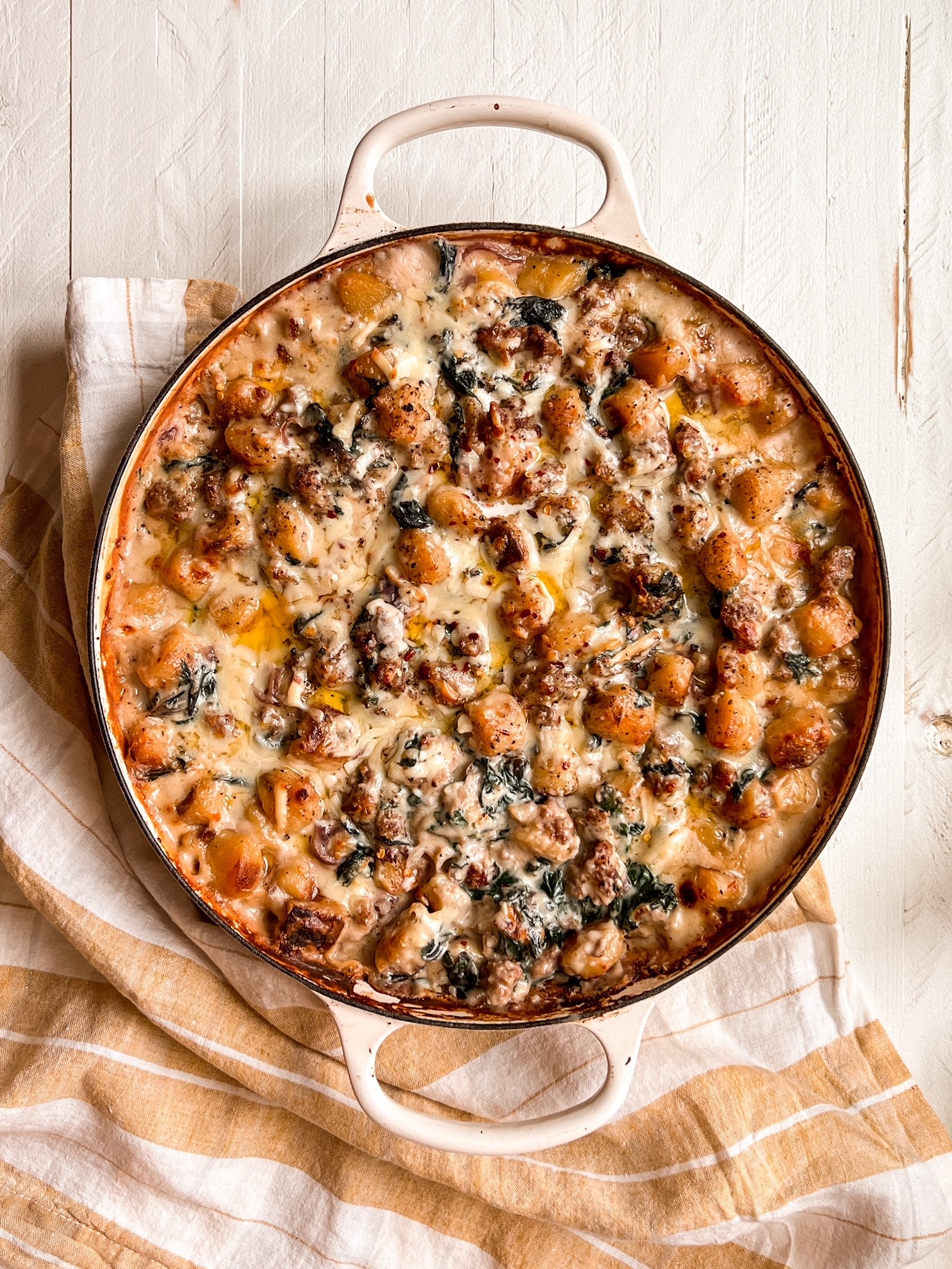 Crispy Gnocchi with Creamy Swiss Chard & Hot Italian Sausage