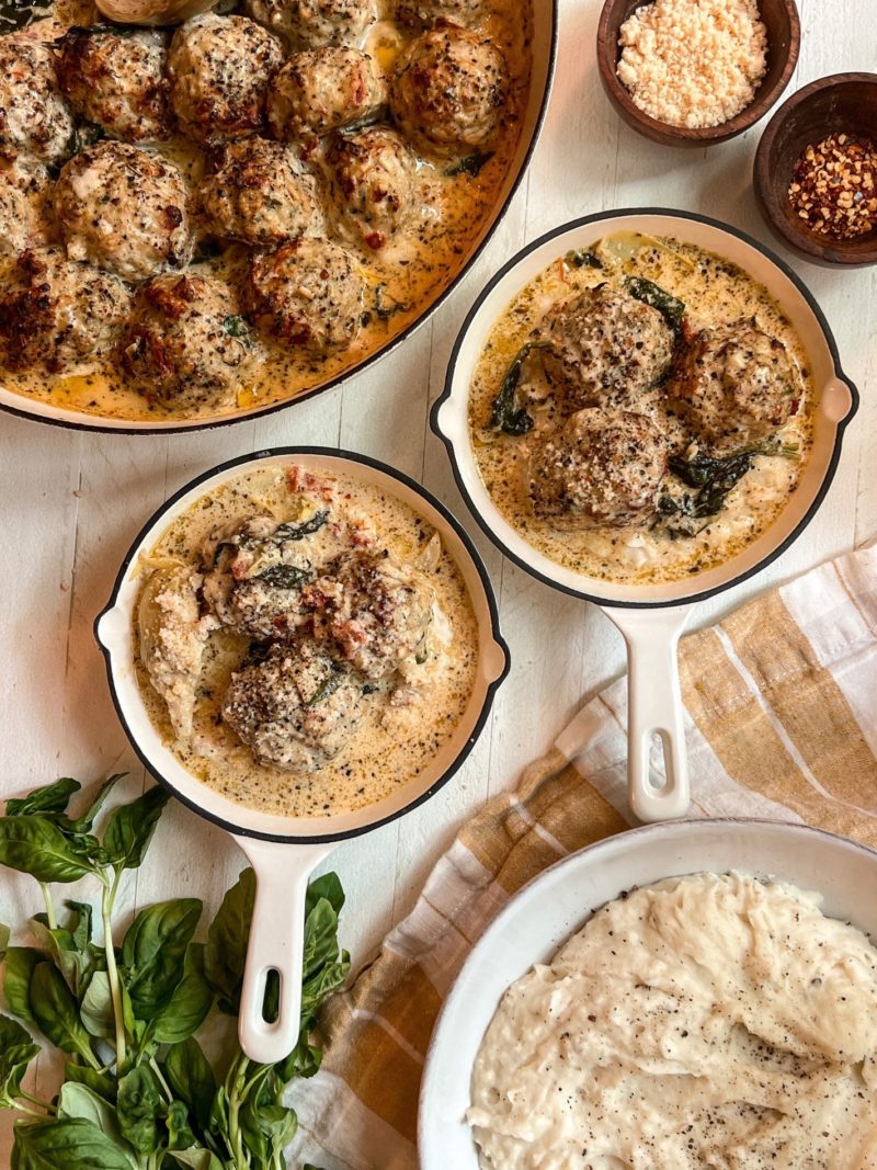 “Tuscan” Chicken Meatballs in a Creamy SunDried Tomato Artichoke Heart