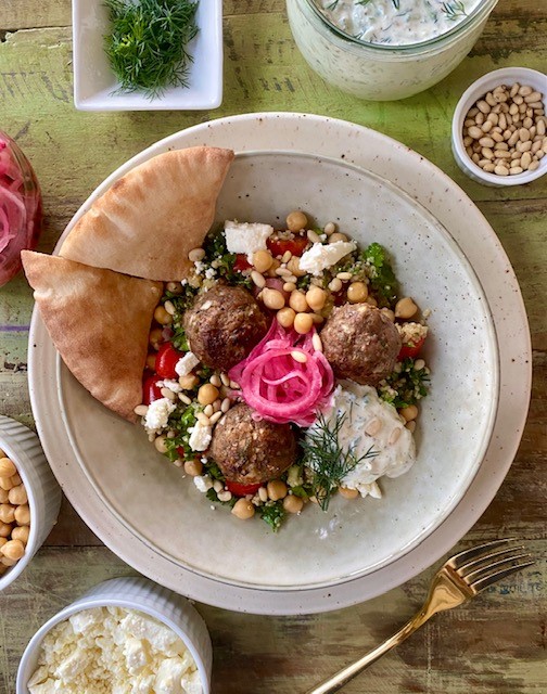 Mediterranean Meatballs with Lemon Herbed Couscous & Chickpea Salad