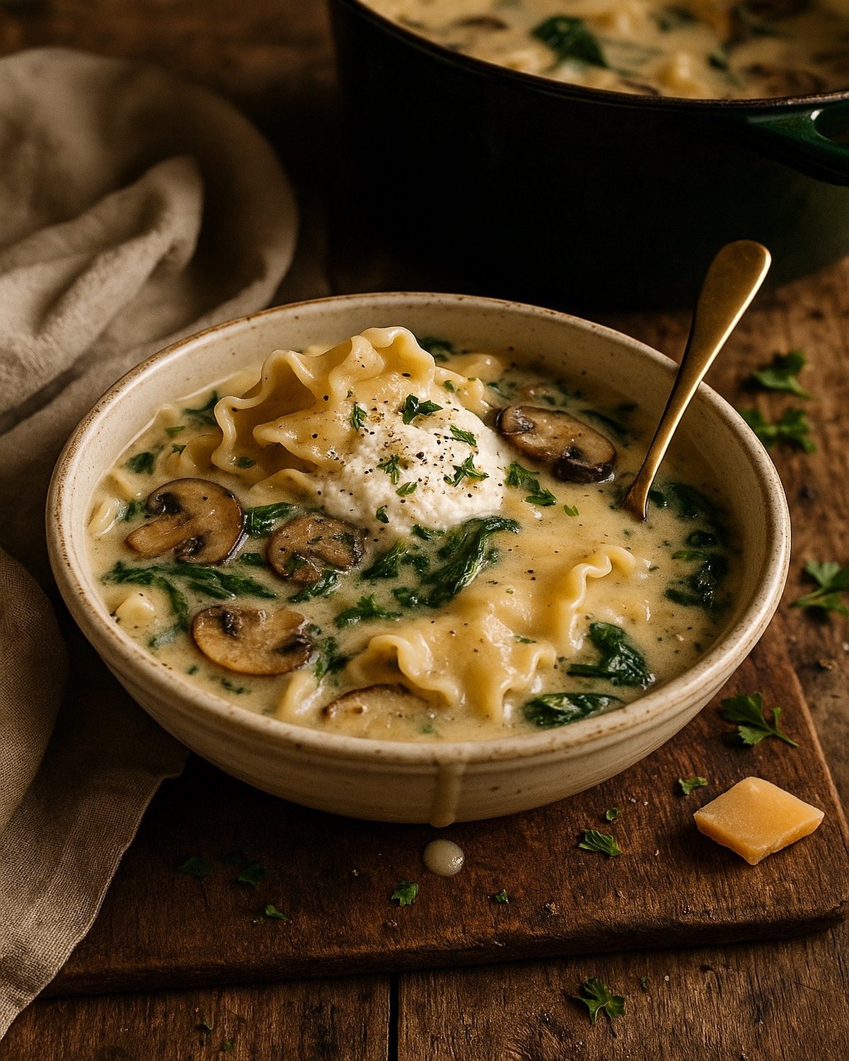 Cheesy Mushroom & Spinach Lasagna Soup