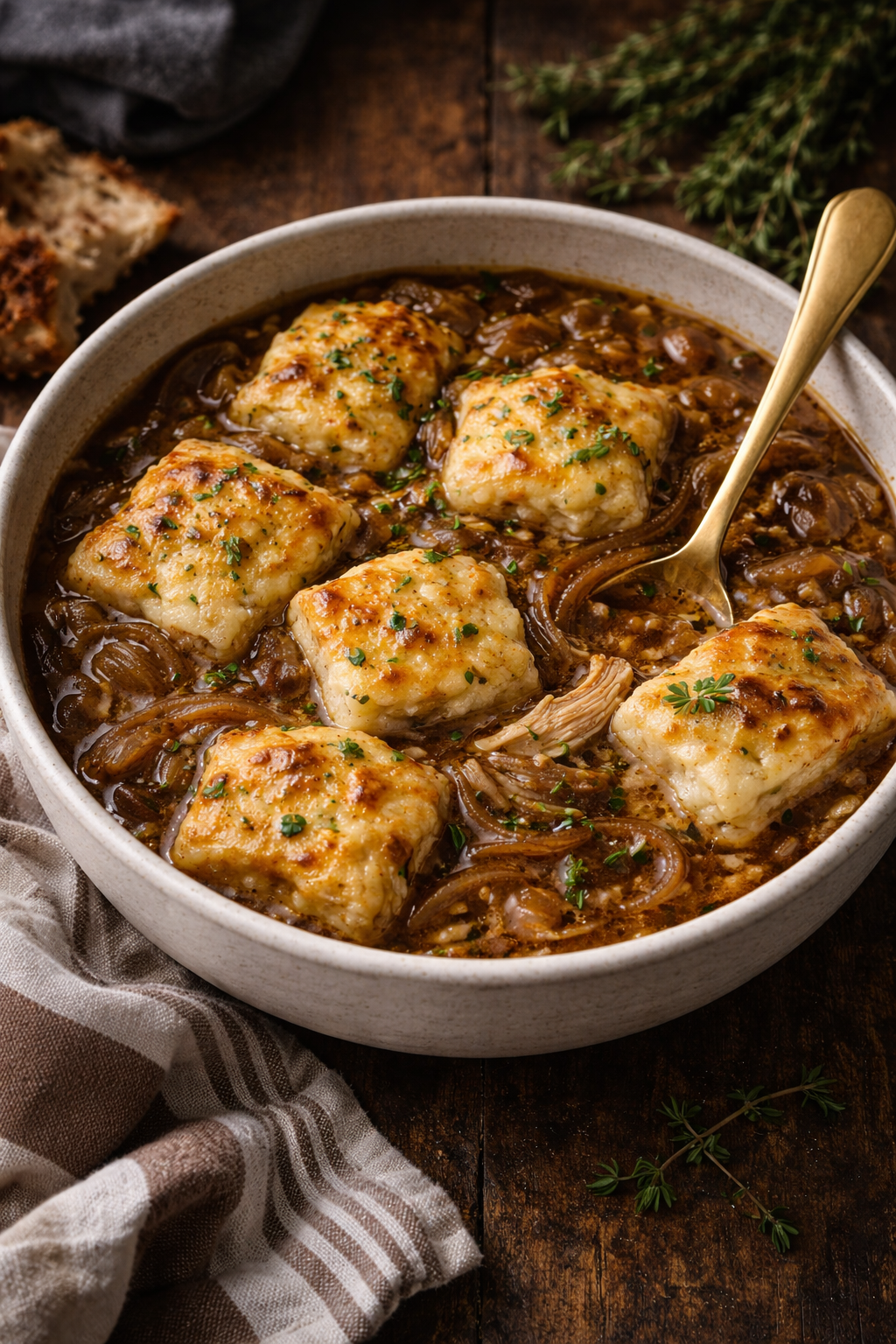 French Onion Chicken & Dumpling Soup