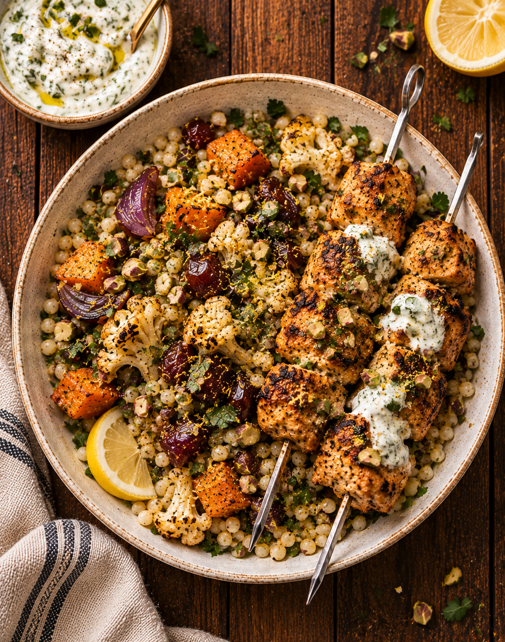 Moroccan-Spiced Vegetable Couscous Salad with Yogurt-Marinated Chicken Skewers